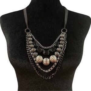 Chunky Necklace Black Silver Tone Beads Ribbon Tie Behind Neck